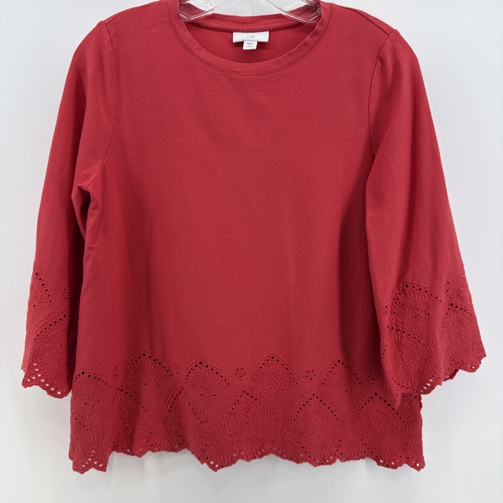 J. Jill Scalloped Trim Top Women's Size SP Round Neck Bell Sleeves Red